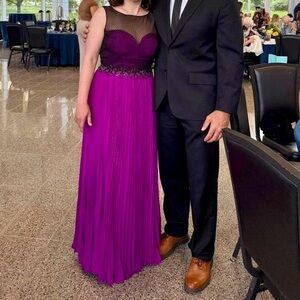 Badgley Mischka Vibrant Purple Maxi Dress with Chain Link and Beaded Accents